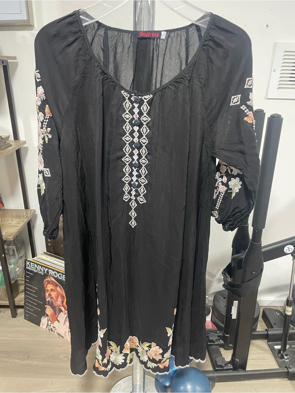 Johnny Was Black Boho Embroidered Long Sleeve Dress